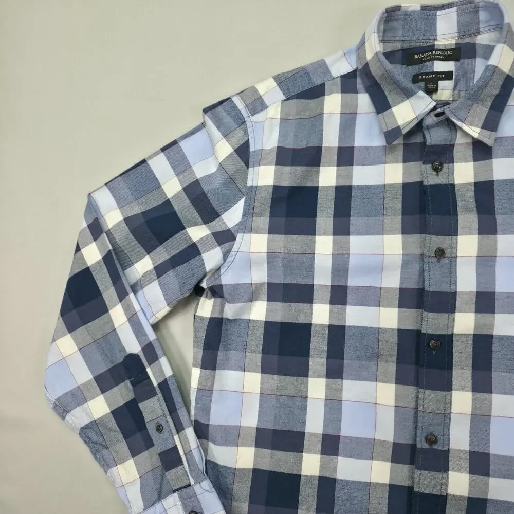 Banana Republic Mens Large Luxe Flannel Shirt Grant Fit Blue Plaid Casual